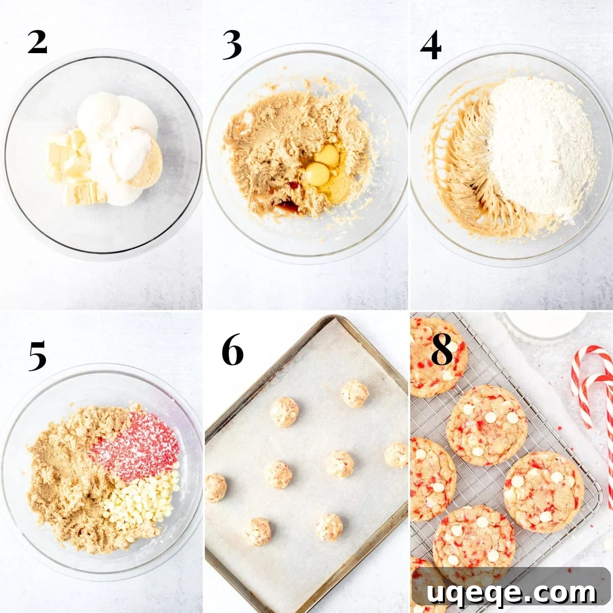 Peppermint Swirl White Chocolate Delights 5 Collage of step-by-step photos illustrating how to make white chocolate candy cane cookies