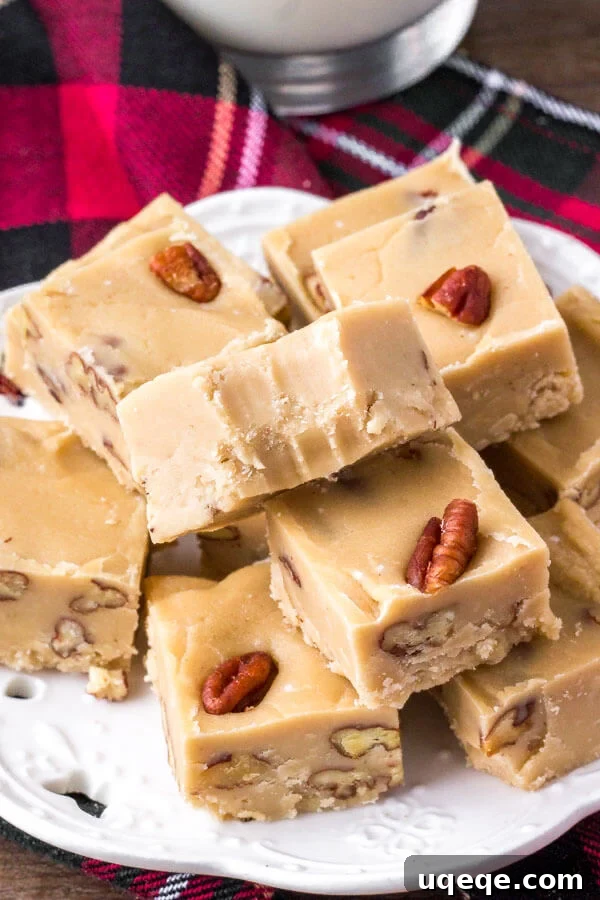 A beautiful plate of homemade butter pecan fudge, sweet, buttery, and perfect for holiday entertaining and gifts.