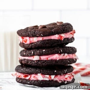 Stack of three chocolate peppermint sandwich cookies