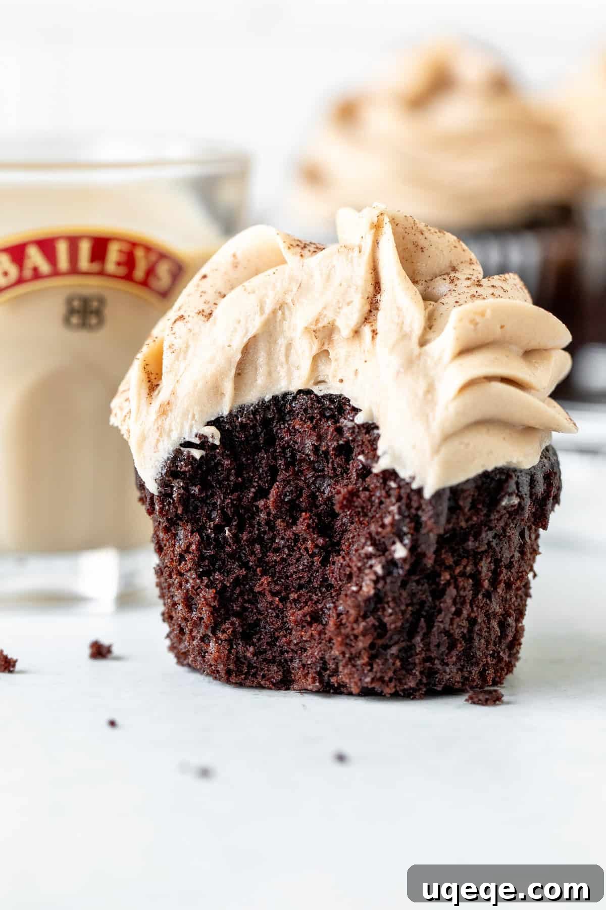 Irish Cream Dream Cupcakes 4 A delectable Irish cream cupcake with a bite taken out, revealing the moist chocolate cake and fluffy frosting.