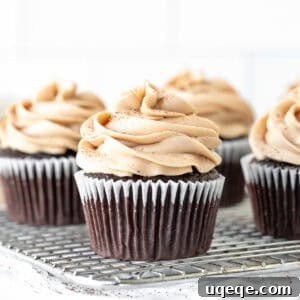 Irish Cream Dream Cupcakes 5 A close-up of a Baileys chocolate cupcake on a cooling rack, showcasing its perfect dome and creamy frosting.