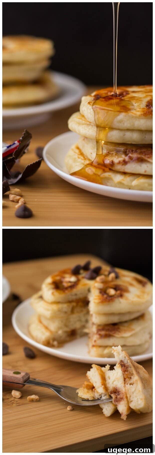 Super fluffy, diner-style pancakes filled with Snickers bars. Because clearly - you can't go wrong with pancakes and your favorite candy bar.