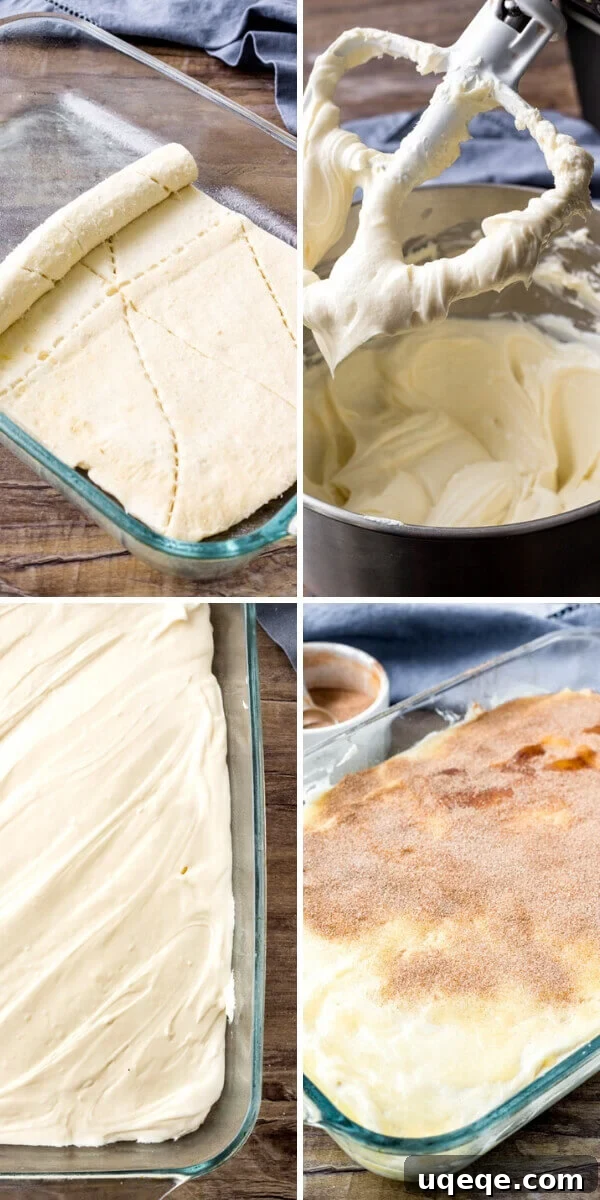 Step-by-step photos illustrating how to make sopapilla cheesecake bars, from assembling the crescent roll base to adding the creamy cheesecake filling and cinnamon sugar topping.
