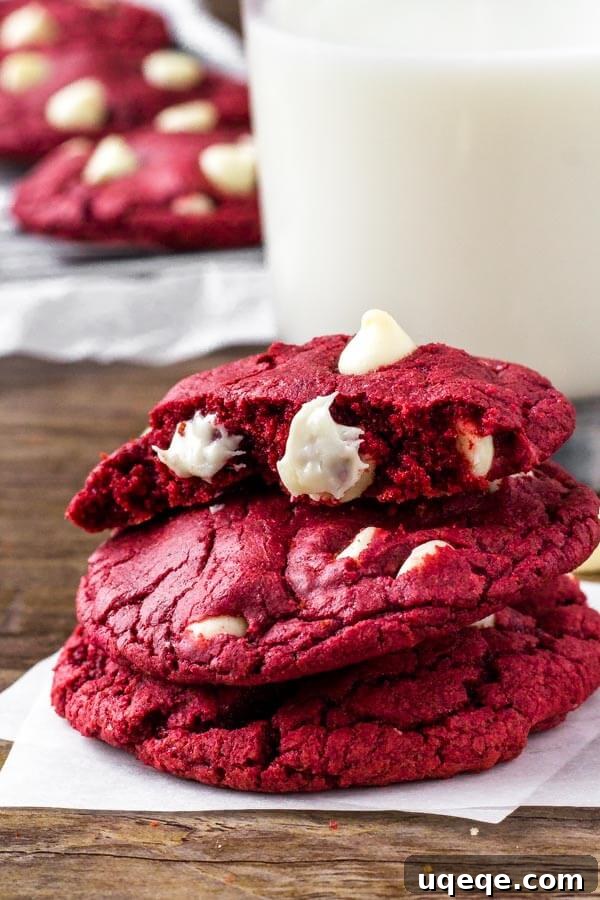 Irresistible Red Velvet Creations 4 These Red Velvet Cake Mix Cookies are soft, chewy & filled with white chocolate chips. There's only 4 ingredients. A close-up of delicious red velvet cookies.