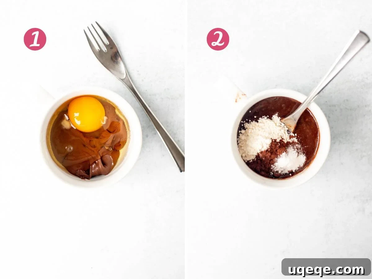 Decadent Nutella Mug Cake 4 Two mugs: one with Nutella and an egg before mixing, and another with the whisked batter including flour, cocoa, and baking powder