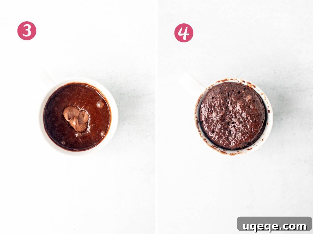 Decadent Nutella Mug Cake 5 Two mugs: one with unbaked Nutella mug cake batter and another with a perfectly baked Nutella mug cake
