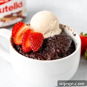 Decadent Nutella Mug Cake 7 Nutella mug cake topped with a scoop of ice cream and strawberry slices, with a spoon ready to dive in