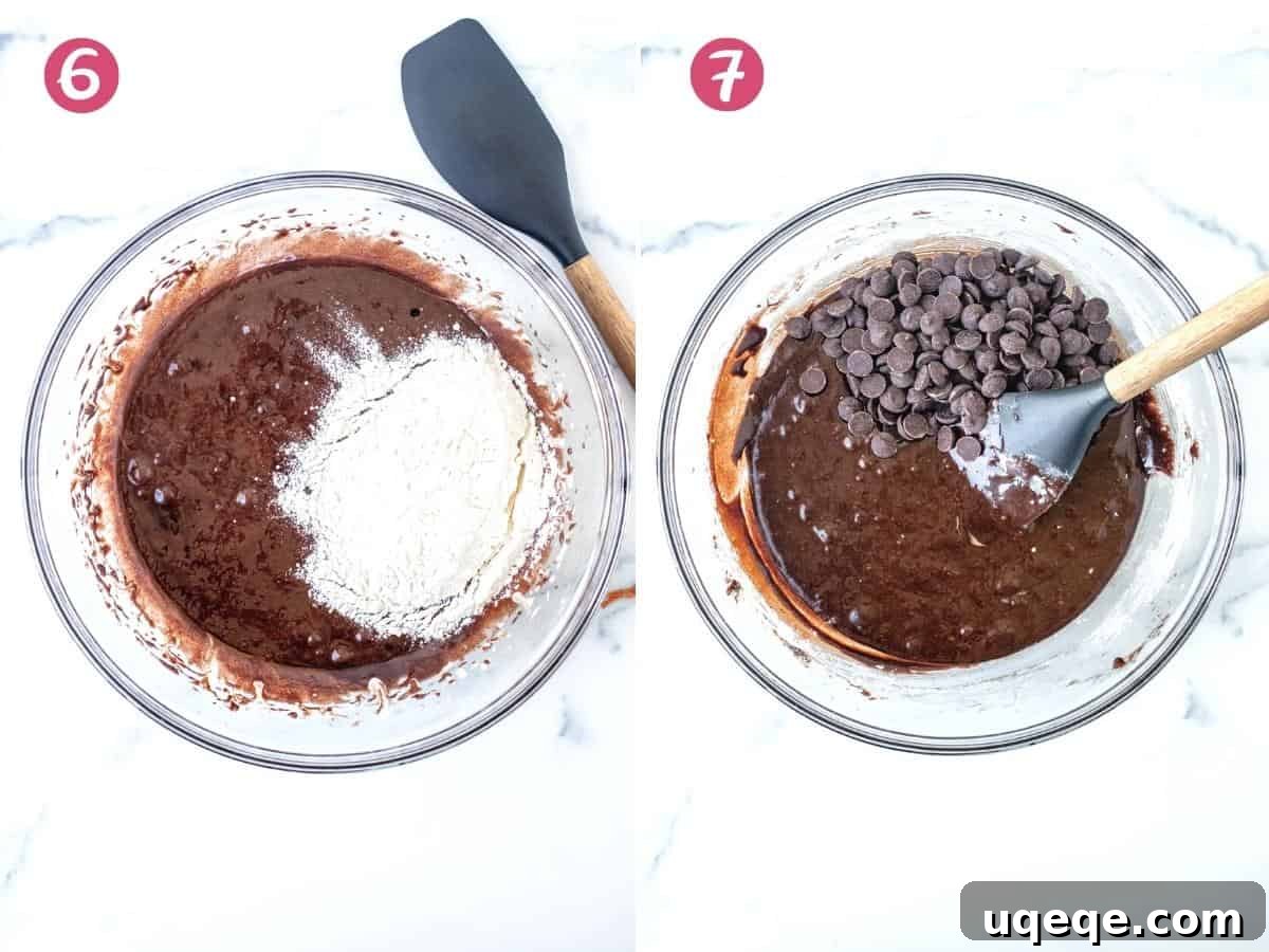 Perfectly Chewy Fudgy Homemade Brownies with Rich Cocoa 7 Bowl of chocolate batter with flour added, and then with chocolate chips folded in