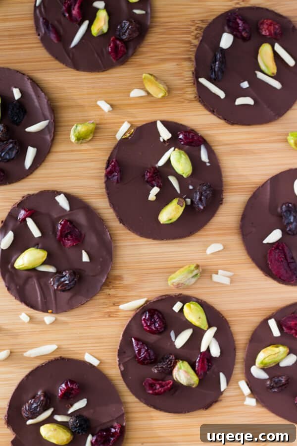 Decadent Dark Chocolate Fruit and Nut Clusters 2 Delicious Dark Chocolate Fruit & Nut Clusters with pistachios, almonds, dried cranberries and raisins. Ready in minutes and so pretty, they make a great gift too!