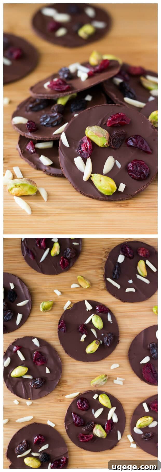 Decadent Dark Chocolate Fruit and Nut Clusters 3 Delicious Dark Chocolate Fruit & Nut Clusters with pistachios, almonds, dried cranberries and raisins. Ready in minutes and so pretty, they make a great gift too!
