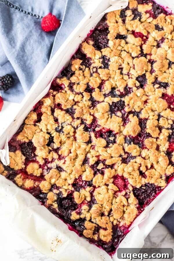 Berry Burst Crumble Squares 3 Overhead shot of freshly baked mixed berry oatmeal crumble bars cooling in a baking pan, showing a golden top and bubbling fruit.