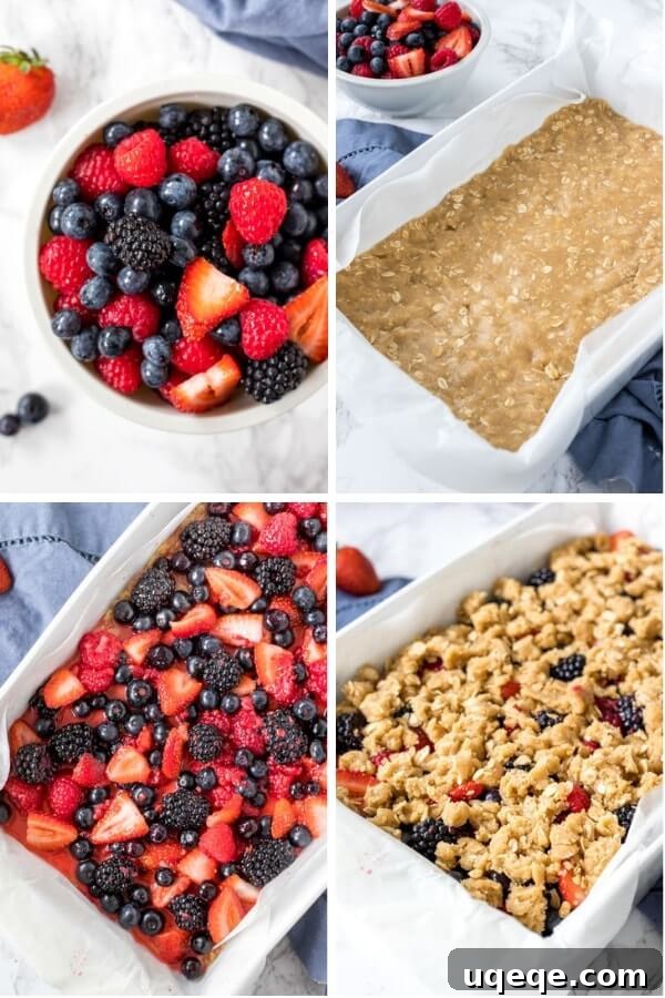 Berry Burst Crumble Squares 4 Collage of step-by-step photos showing the process of making berry crumble bars, including mixing ingredients and assembling layers.
