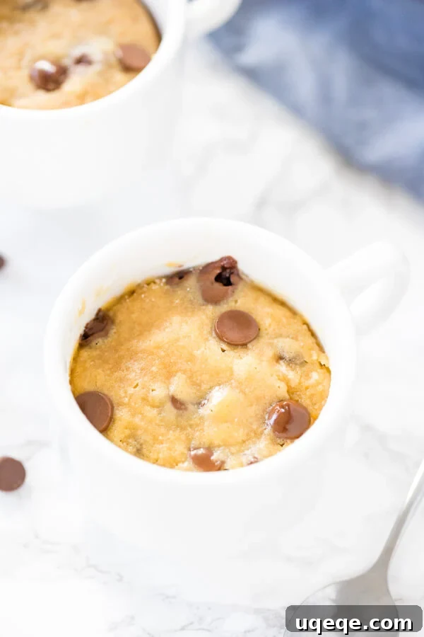 Instant Chocolate Chip Mug Bliss 3 Overhead shot of a chocolate chip cookie made in a mug and baked in the microwave