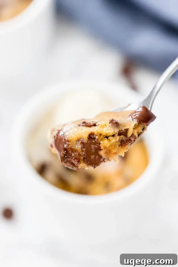 Instant Chocolate Chip Mug Bliss 4 A spoonful of a warm chocolate chip cookie that's made in a mug with melted chocolate chips.