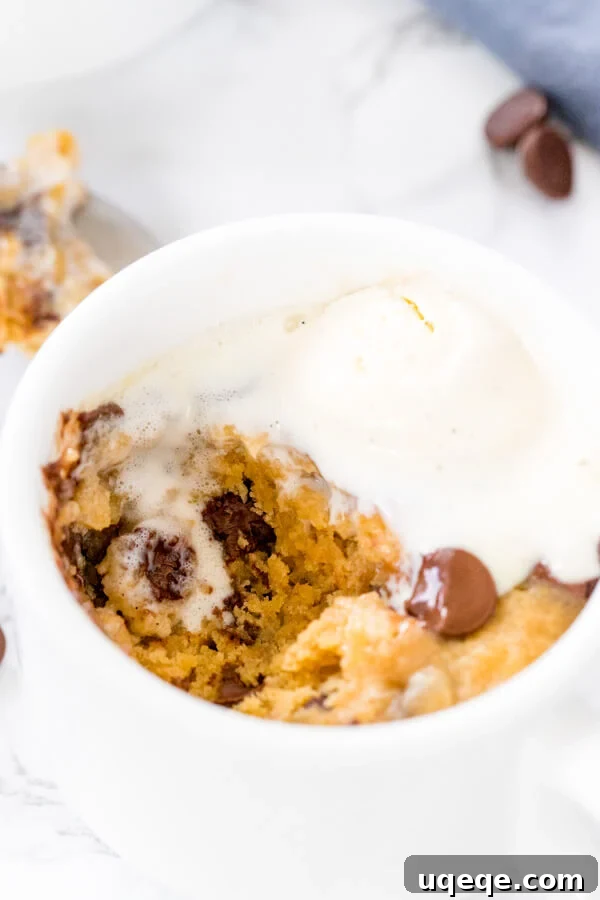 Instant Chocolate Chip Mug Bliss 5 Overhead shot of a chocolate chip cookie in a mug with vanilla ice cream and a bite taken out of it.