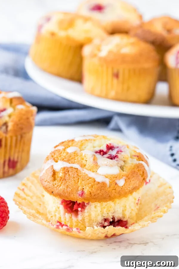 Delicious homemade raspberry muffins, fluffy and moist, brimming with sweet, juicy berries.