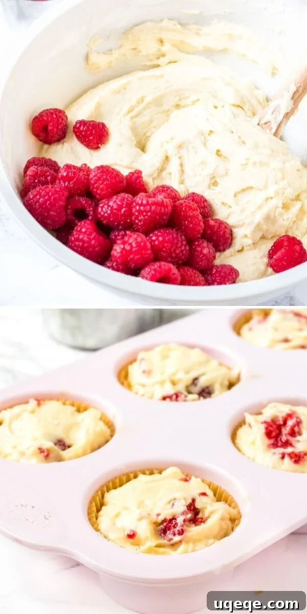 A collage showing raspberry muffin batter before raspberries are mixed in, and then the batter spooned into a muffin pan, ready for baking.