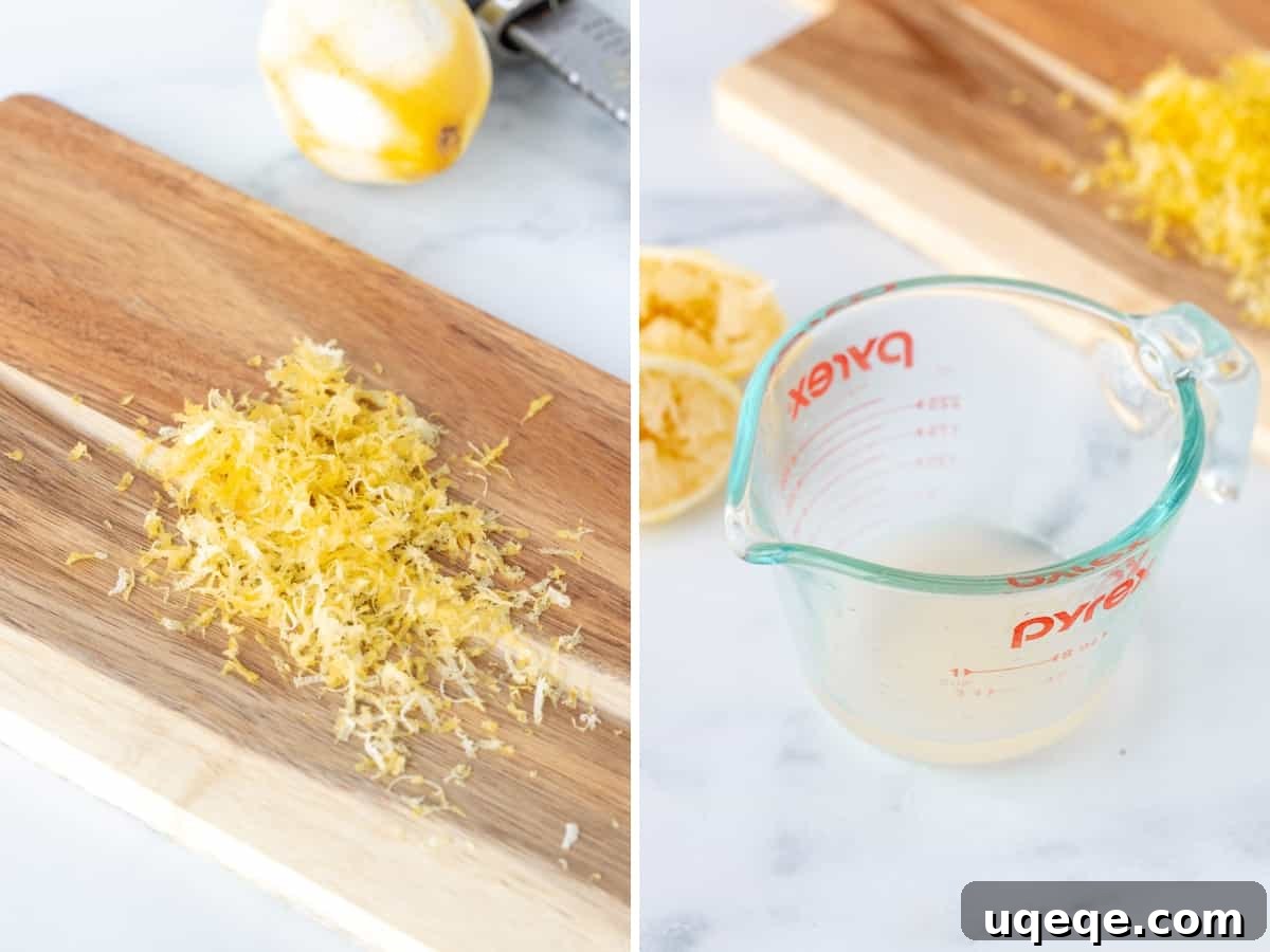 A cutting board with vibrant lemon zest alongside a measuring cup filled with freshly squeezed lemon juice, highlighting fresh ingredients.