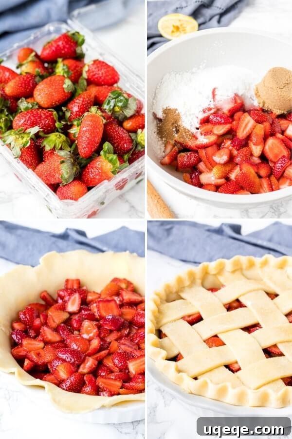 Sweet Strawberry Dream 3 A visual step-by-step guide illustrating the preparation of the strawberry pie filling, from slicing strawberries to mixing with dry ingredients.