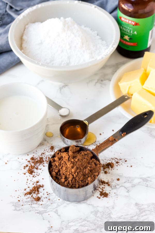 Ultimate Brownie Finish 3 Ingredients for Brownie Frosting Recipe, including butter, honey, vanilla, salt, cocoa powder, powdered sugar, and milk, laid out on a clean surface.
