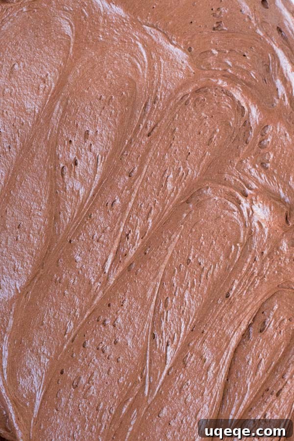 Ultimate Brownie Finish 4 Overhead view of rich chocolate frosting for brownies artfully swirled on top of a freshly baked pan of brownies, ready to be sliced.