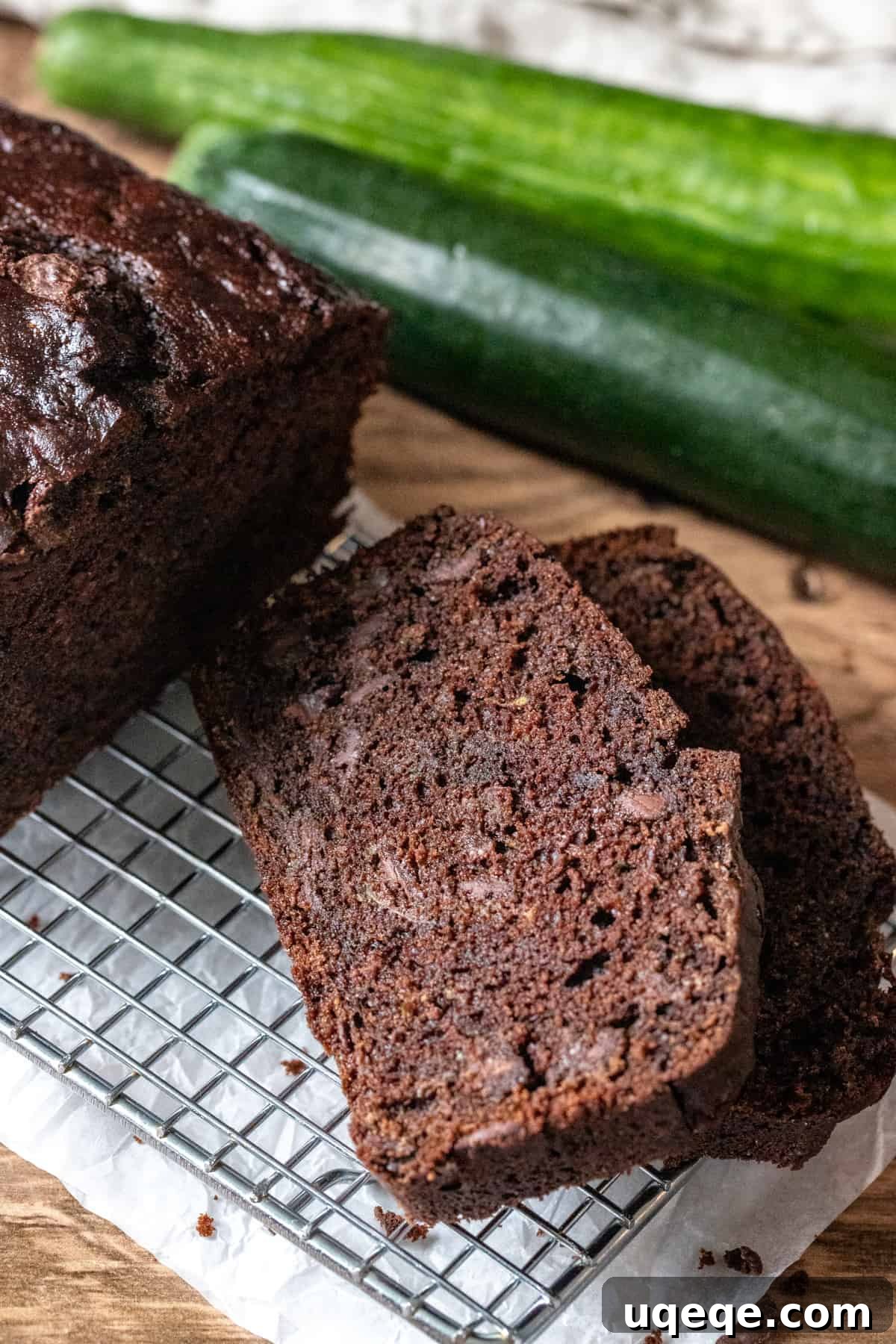 Decadent Chocolate Zucchini Loaf 2 Slices of incredibly moist chocolate zucchini bread with chocolate chips