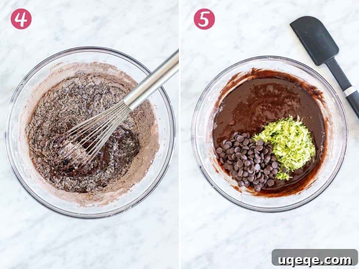 Decadent Chocolate Zucchini Loaf 4 Collage of 2 photos showing batter for chocolate zucchini bread before and after adding zucchini and chocolate chips.