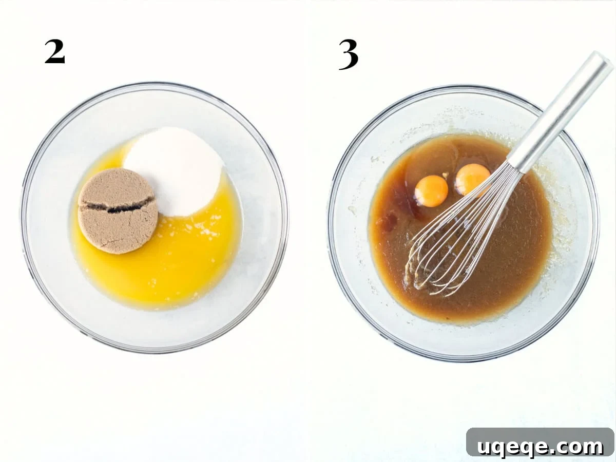 Blondie Bliss 4 Two bowls: one with melted butter and sugars, the other with whisked butter, sugars, eggs, and vanilla for blondie batter.