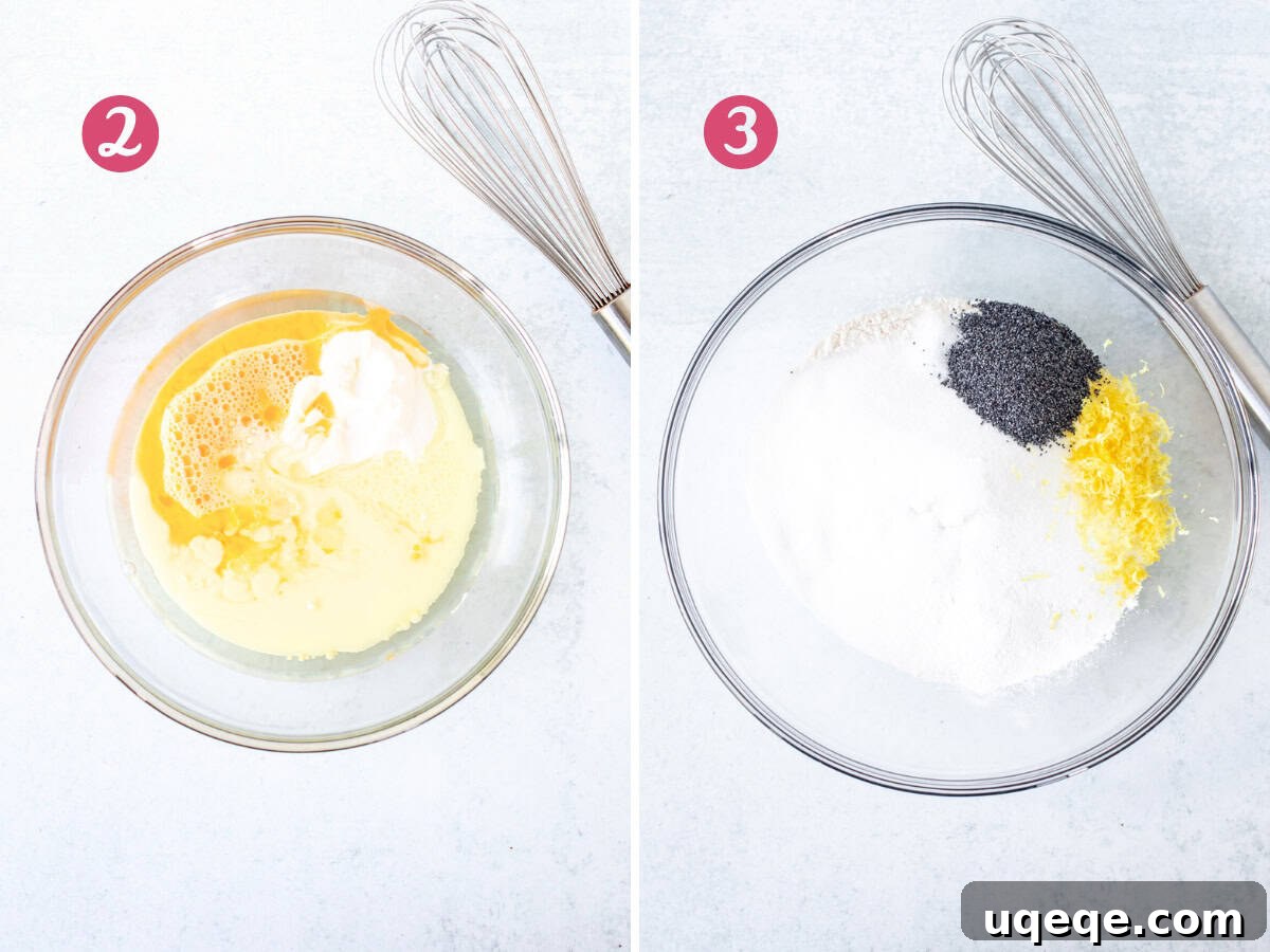 Lemon Poppy Seed Loaf 4 Separate bowls showing wet ingredients and dry ingredients for lemon poppy seed bread