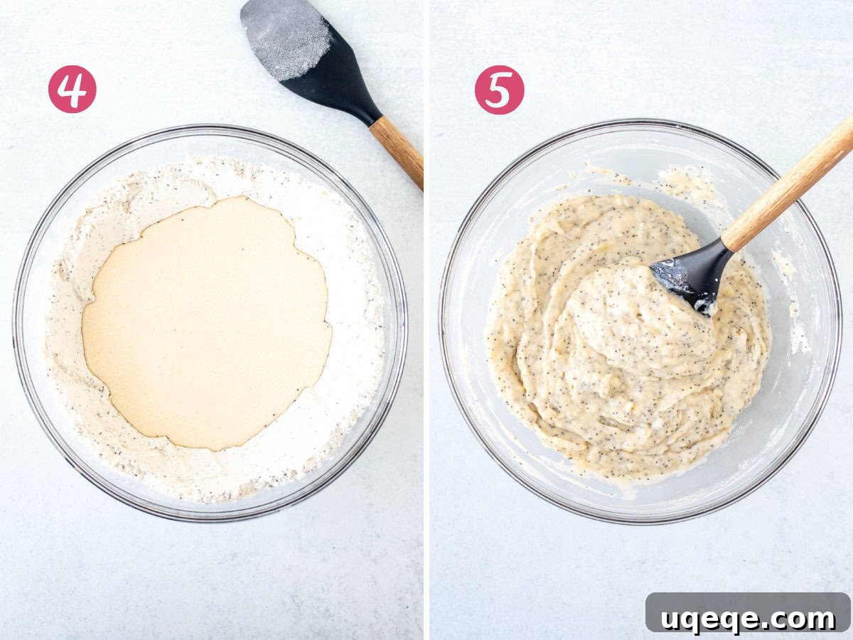 Lemon Poppy Seed Loaf 5 Bowl of dry ingredients with wet ingredients being poured in, next to a bowl of mixed lemon poppy seed loaf batter