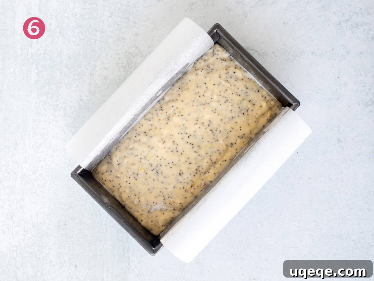 Lemon Poppy Seed Loaf 6 Loaf pan filled with unbaked lemon poppy seed bread batter