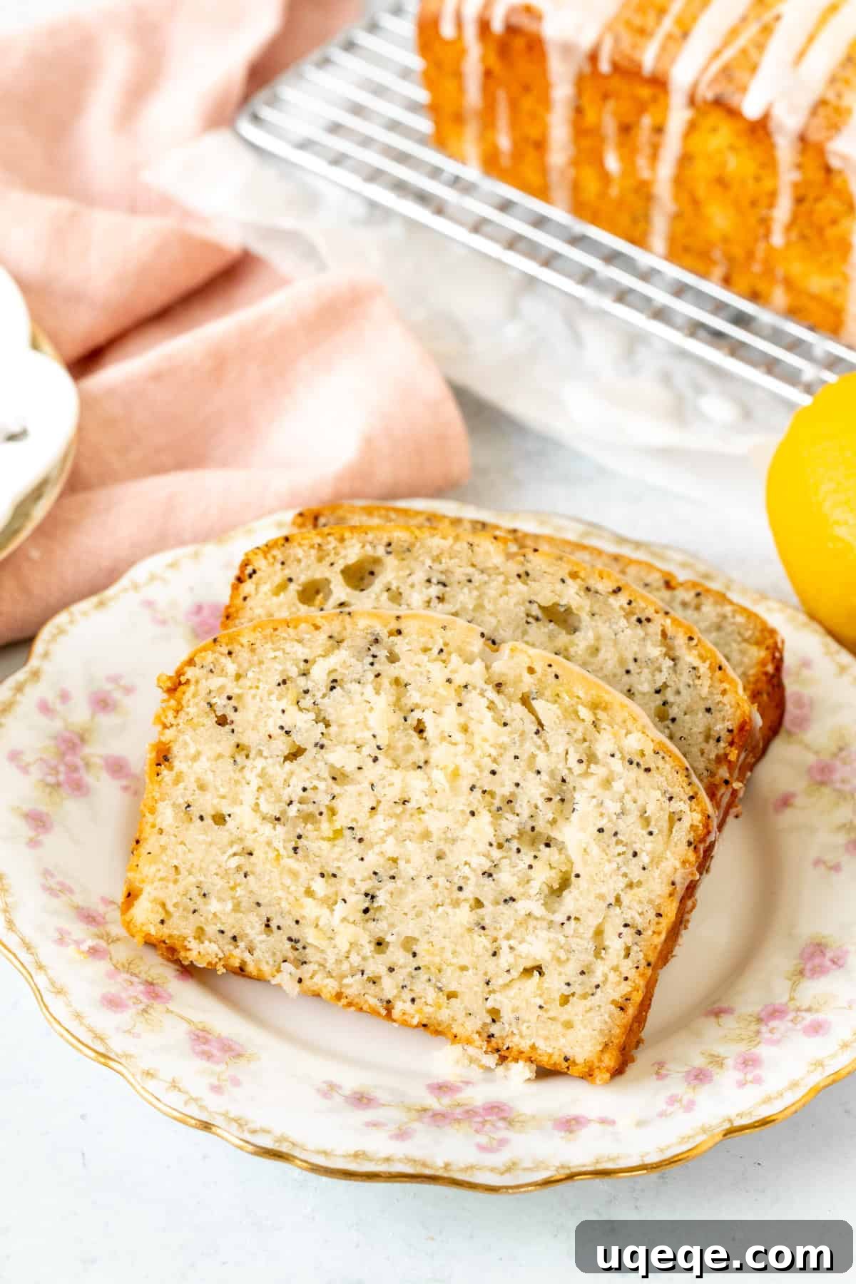 Lemon Poppy Seed Loaf 8 Plate of three slices of lemon poppy seed loaf