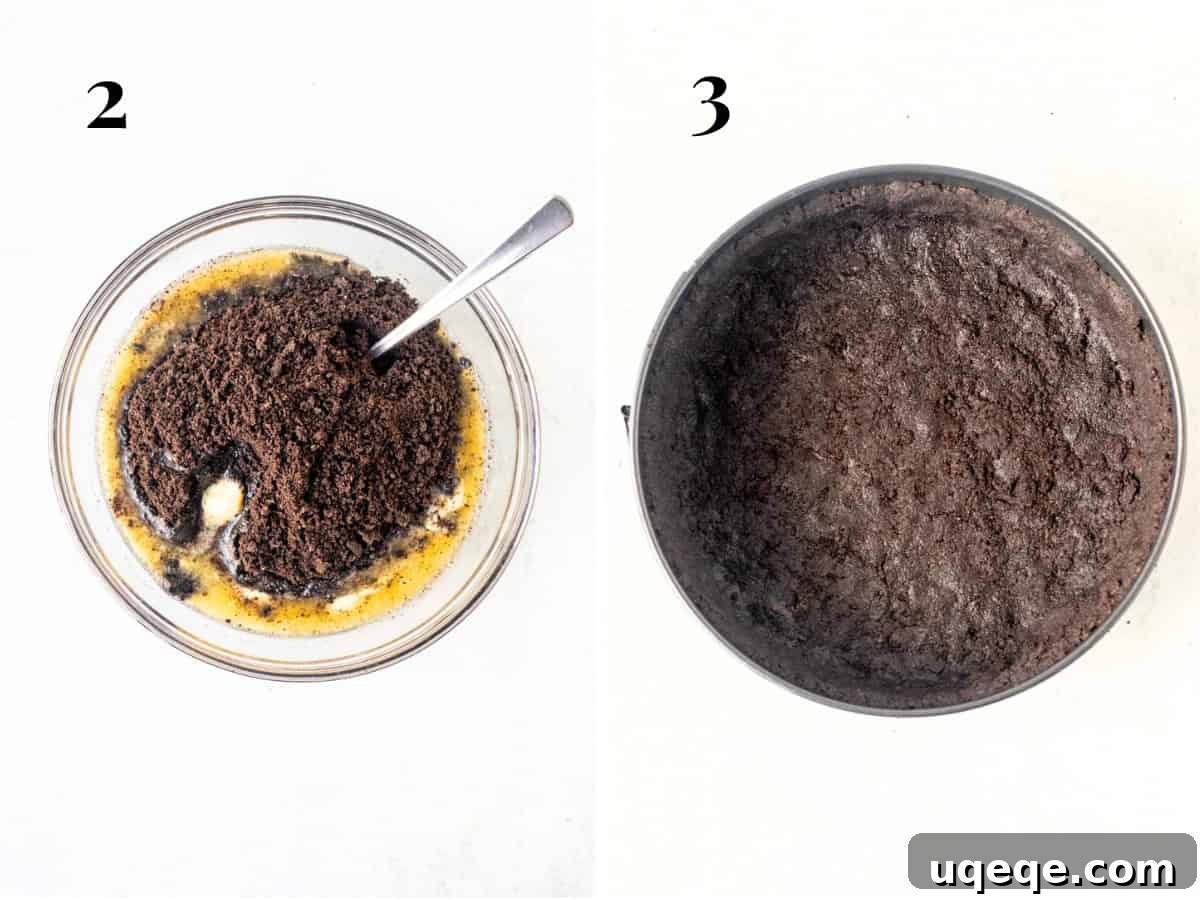 Decadent No Bake Chocolate Cheesecake 4 Two bowls side-by-side: one filled with finely crushed Oreo crumbs mixed with melted butter, and the other showing a springform pan with a perfectly formed Oreo crust.