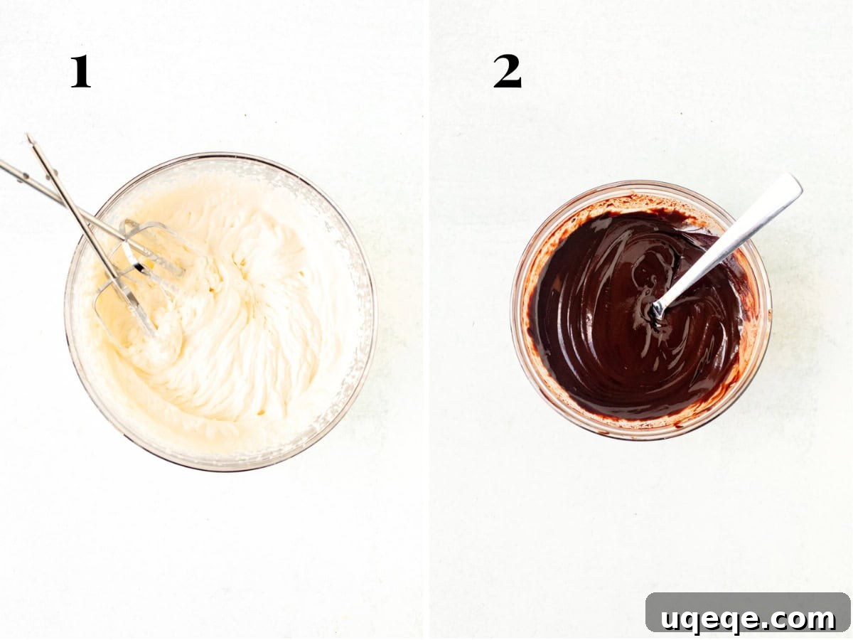 Decadent No Bake Chocolate Cheesecake 5 Two separate bowls: one containing freshly whipped cream, light and airy, and the other holding rich, glossy melted dark chocolate.