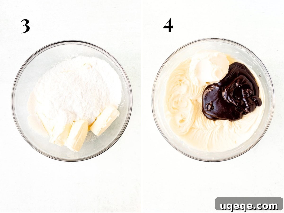 Decadent No Bake Chocolate Cheesecake 6 A sequence of images showing the process: first, a bowl with cream cheese and powdered sugar; then, the same bowl after beating, with melted chocolate and sour cream incorporated, looking smooth and creamy.
