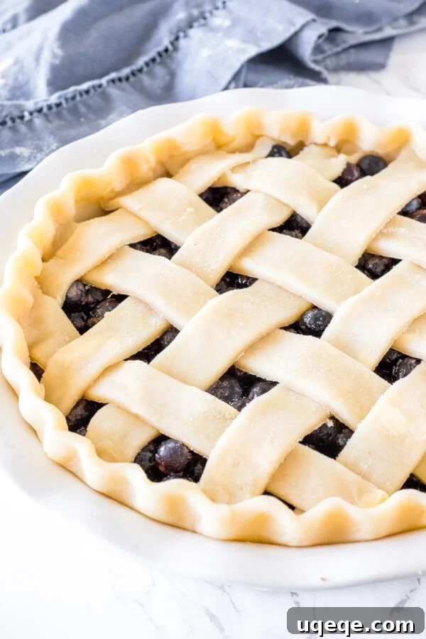 Buttery Flaky Pie Crust 2 Homemade pie with a lattice crust and fluted edges before being baked in the oven.