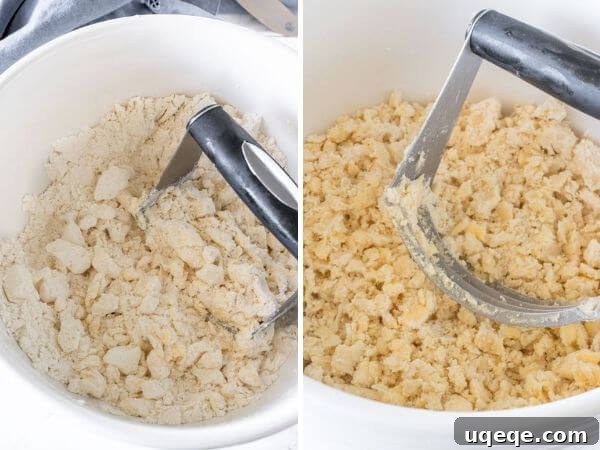Buttery Flaky Pie Crust 4 Two step-by-step photos showing the pie dough's texture after fats are cut into dry ingredients, from halfway through to completion. The left image shows larger pieces of fat, while the right shows a coarse, pea-sized texture.