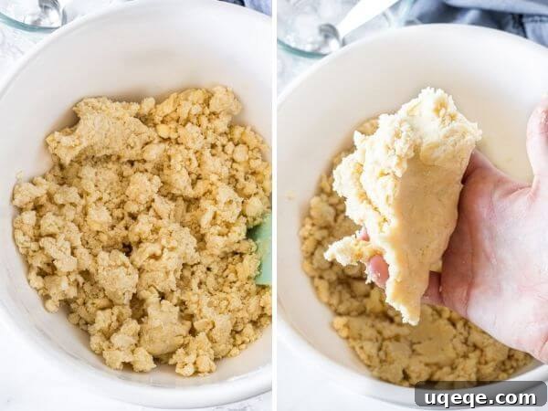 Buttery Flaky Pie Crust 5 Two side-by-side photos illustrating the pie dough's appearance after incorporating ice water. The left photo shows a crumbly mixture, and the right shows the dough starting to form cohesive clumps.