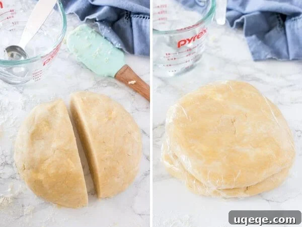 Buttery Flaky Pie Crust 6 Step-by-step photos: first, pie dough formed into a ball; second, divided into two equal pieces, each shaped into a disc and wrapped in plastic for chilling.