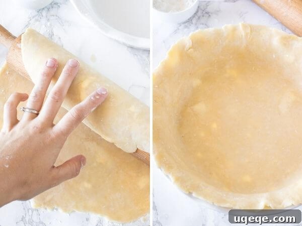 Buttery Flaky Pie Crust 7 Step-by-step photos demonstrating how to roll pie dough onto a rolling pin for transfer, and the dough settled in the pie plate. The left photo shows the dough gently draped over the rolling pin, and the right photo shows the crust perfectly fitted into a pie plate.
