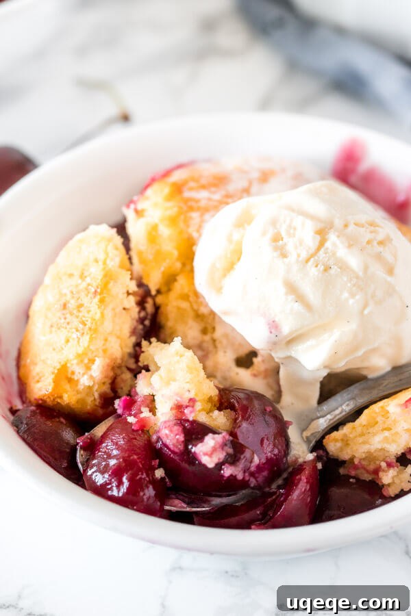 Ruby Red Delight 5 A close-up of a spoonful of cherry cobbler showing the sweet, juicy, plump cherries and the golden, buttery, fluffy biscuit topping, inviting a bite.
