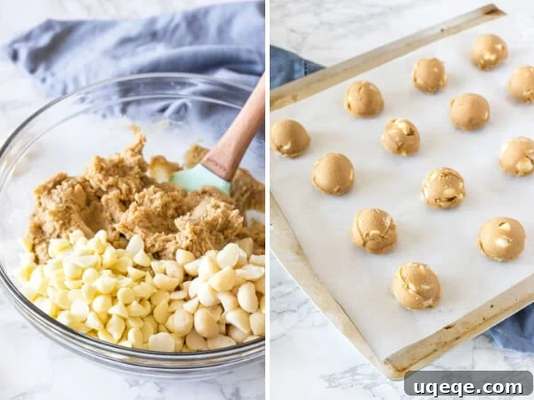 Decadent White Chocolate Macadamia Cookies 4 White Chocolate Macadamia Cookie dough - before the chocolate chips and nuts are stirred into the batter, and after the dough has been formed into balls and placed on a lined cookie sheet.
