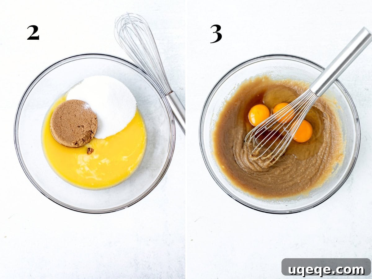 Ultimate Chewy Chocolate Chip Bars 4 A visual progression showing a bowl with melted butter and sugars, followed by the same mixture after eggs and vanilla extract have been whisked in, illustrating the smooth consistency.