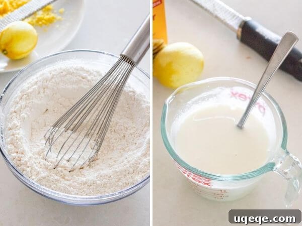 Sunshine Citrus Bundt 3 Lemon bundt cake process shots: showing whisking together dry ingredients in one bowl and wet ingredients (sour cream, buttermilk, lemon juice) in a liquid measuring cup.