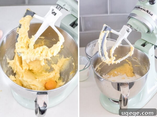 Sunshine Citrus Bundt 4 Two process photos for lemon bundt cake: on the left, beating room temperature eggs one at a time into the butter-sugar mixture; on the right, demonstrating the alternating addition of dry and wet ingredients into the cake batter.