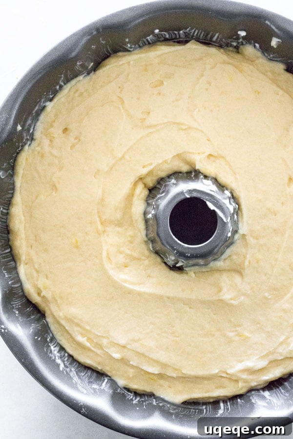 Sunshine Citrus Bundt 5 Overhead shot of lemon Bundt Cake batter freshly spooned into a fluted bundt pan, with the top smoothed out before baking.