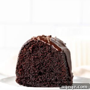 Slice of fudgy chocolate bundt cake drizzle with chocolate ganache