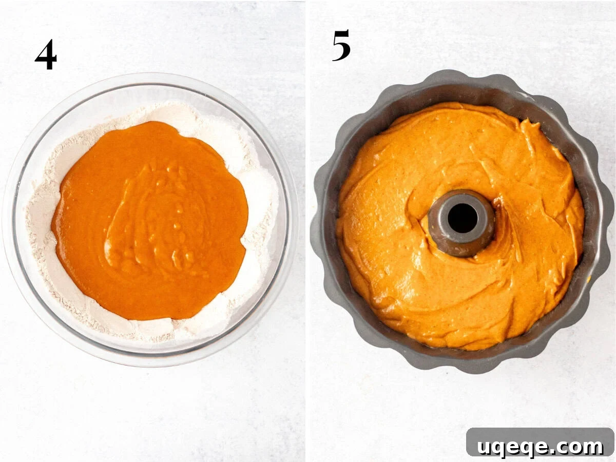 Spiced Pumpkin Bundt Delight 6 Image showing mixed pumpkin cake batter in a bowl and a bundt pan filled with batter ready to bake