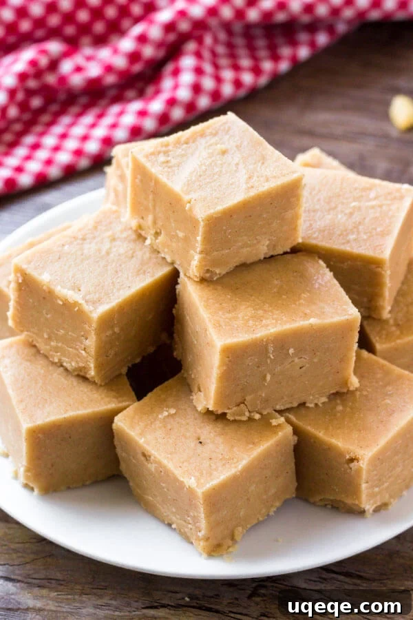 Easy peanut butter fudge is made quickly in the microwave, eliminating the need for a candy thermometer.