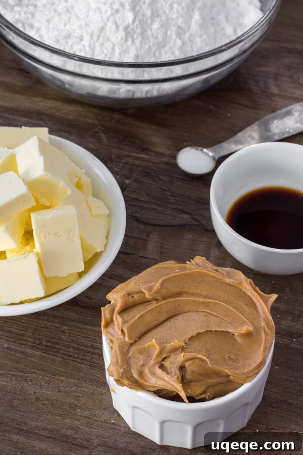 Effortless Peanut Butter Fudge 4 Ingredients for making creamy microwave peanut butter fudge: peanut butter, butter, powdered sugar, vanilla extract, and salt.